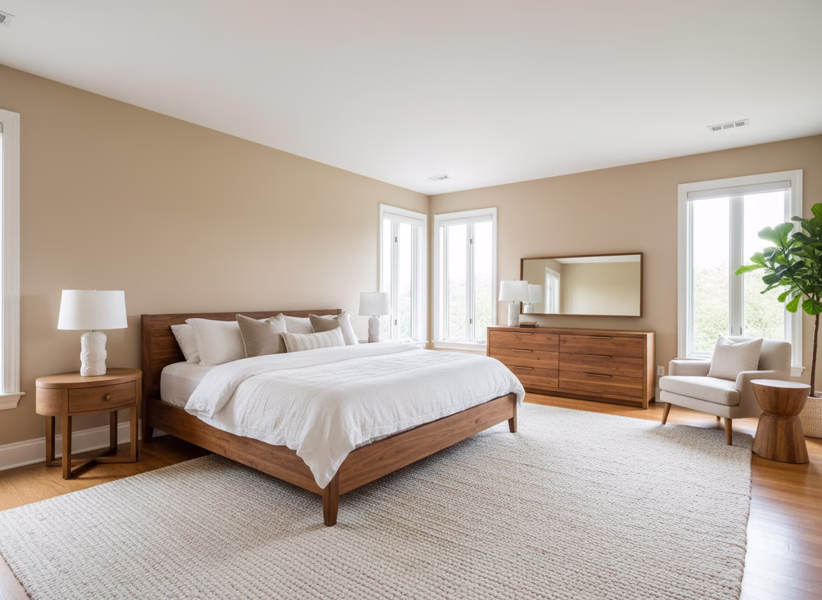 Soft beige and white bed with a modern, minimal design